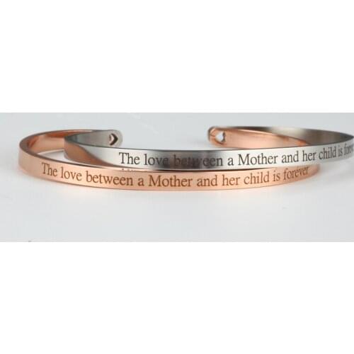 The Love Between a Mother and Her Child is Forever Stainless Steel Engraved Inspirational Quote Cuff Bangle Mantra Bracelets