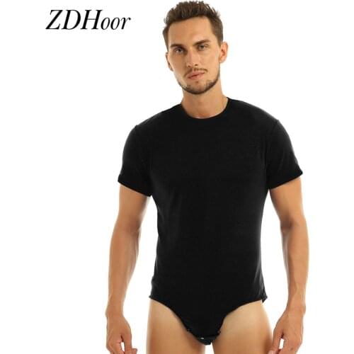 Mens Adults One Piece Jumpsuit Thong Lingerie Short Sleeves Press Crotch Cotton T-shirt Leotard Bodysuit Romper Pajamas
