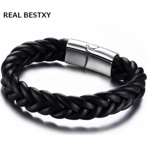 REAL BESTXY Custom Logo Leather Bracelet Men Leather Braid Bracelet With Magnetic Buckle Clasp pulseiras masculina