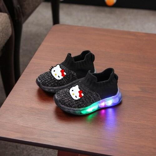 Sanrio Hello Kitty casual shoes autumn new boys and girls lights shoes LED sneakers flying woven sneakers shoes socks shoes
