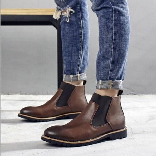 New High quality Men shoes boots Slip-On Pointed Toe Chelsea Boots Genuine leather Breathable Ankle Boots Male shoes OO-96