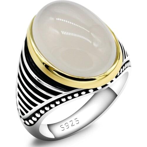 New White Agate Ring Turkish Style 925 Sterling Silver Mens Thai Silver Ring, Retro Classic Striped Design