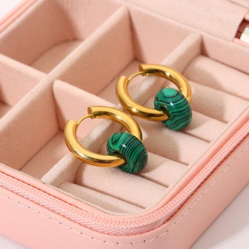 2021 New Arrival 18k Gold Plated Stainless Steel Party Jewelry Green Malachite Pendant Huggie Earrings