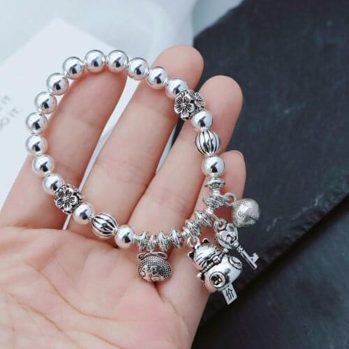 New product bracelet s925 sterling silver 7mm bead cat blessing bag key bell bracelet literary female bracelet
