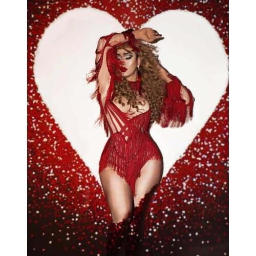 Long Sleeve Tight Leotard Stage Wear Red Tassel Elastic Skinny Bodysuit Nightclub DJ Female Singer Dancer Performance Costume