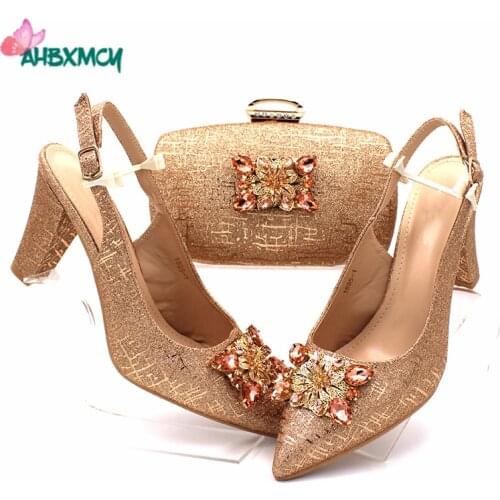 2020 Autumn African New Design Italian Shoes and Bag Set in Champagne Color with Shinning Ctystal for Wedding Party