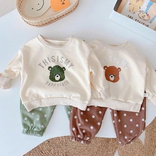 Autumn New Kids Clothes Set Long Sleeve Bear T-shirt Polka Dot Pants Two-Piece Suit