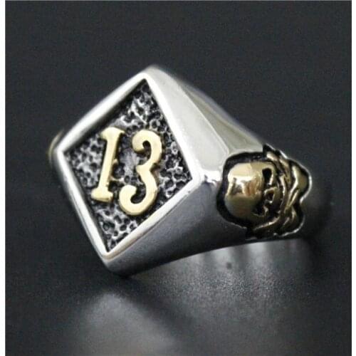 Size 7~14 Cool Lucky 13 Skull Ring 316L Stainless Steel Jewelry Biker Ring Mens Biker Ring