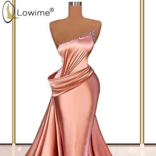 Lowime Pink Long Mermaid Evening Dresses 2021 Strapless Beads Ruched Satin Prom Pageant Gowns Robes De Soirée De Mariage