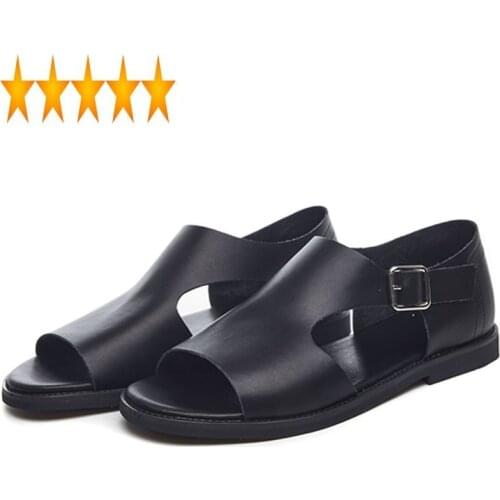 New Summer Men 2021 Real Leather Gladiator Sandals Buckle Strap Open-toed Beach Slippers Mens Breathable Antiskid Slides