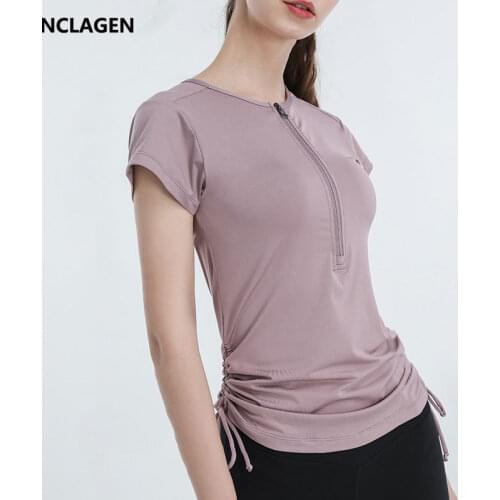 NCLAGEN Sports Top Women Zipper Waist Drawstring Fitness T-shirt Round Neck Short Sleeve Quick Dry Running Female Yoga Blouse