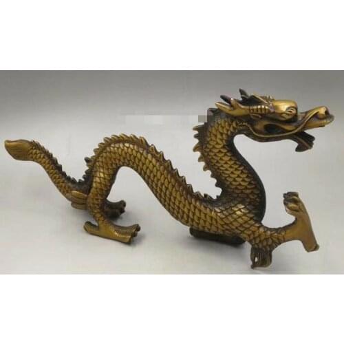 12'' bronze gold carved home fengshui treasure beast dragon statue
