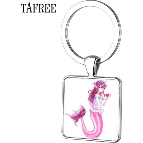 TAFREE Fashion Brand Mermaid Elves Square Shape Keychains Keyrings For Men Women Popular Graceful Key Chain Car Key Gift Jewelry