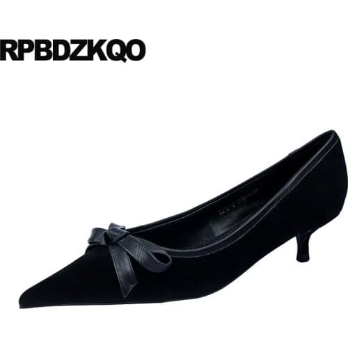 Slip on pumps stiletto bow pointed toe size 4 34 fashion shoes brand scarpin 2019 low heels black designer thin suede ladies