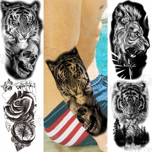 Black Tiger Skull Temporary Tattoos For Women Adult Lion Poker Woods Realistic Fake Tattoo Sticker Body Art Half Sleeve Tatoos