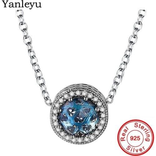 Yanleyu 100% Real 925 Sterling Silver Crystal Pendant Necklace for Women Blue Ocean Fashion DIY Jewelry Gift PN050