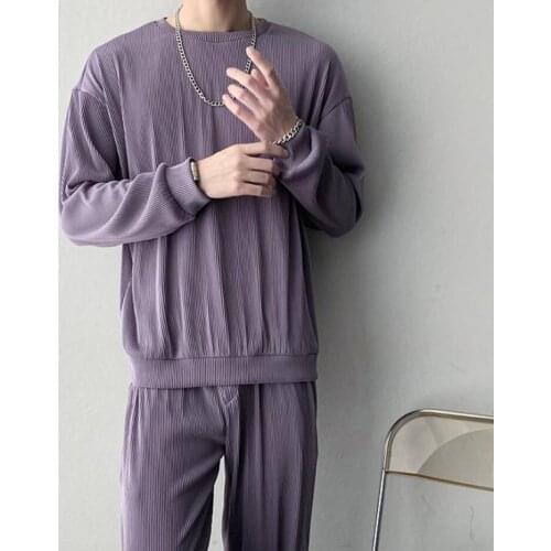 Yoosula Fashion Solid Mens Clothes 2021 Summer 2 Piece Set Men Turn-down Collar Tops And Drawstring Pants Outfit Casual Suits