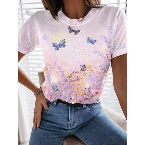 Women Summer Casual Short Sleeve T-shirt Fashion Butterfly/Dragonfly Printing Loose Pullover Tops