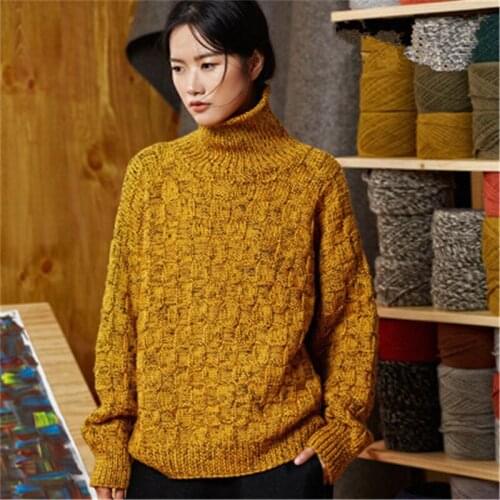100%hand made pure wool turtleneck thick knit women streetwear loose H-straight pullover sweater one&over size