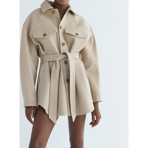 Women Fashion With Belt Loose Woolen Jacket Coat Vintage Long Sleeve Side Pockets Female Outerwear Chic Overcoat Y847