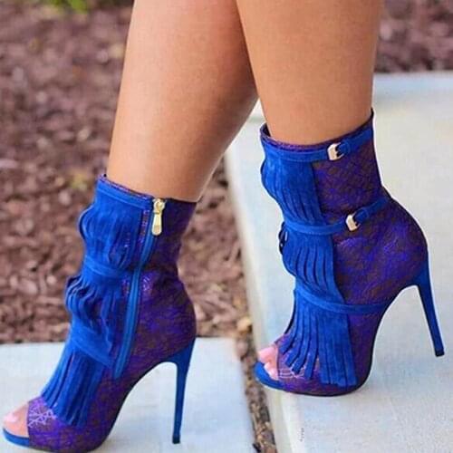 Women Ankle Boot With Fringe Thin Heels Peep Toe Tassel 2021 Zipper High Quality Comfortable Party Wedding Female Shoe Puls Size