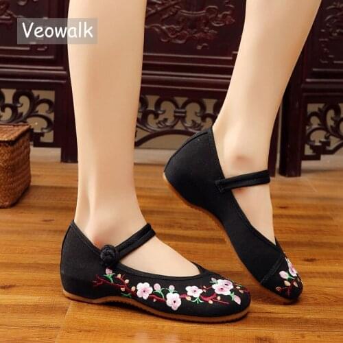 Veowalk Plum Flowers Embroidered Womens Canvas Ballets Flats Low Top Comfortable Fabric Casual Mary Janes Shoes for Ladies