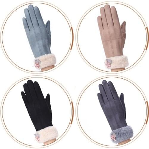 Women Touch Screen Suede Glove Winter Double Layer Furry Mittens Warm Outdoor Fashion Gloves driving windproof Furry gloves