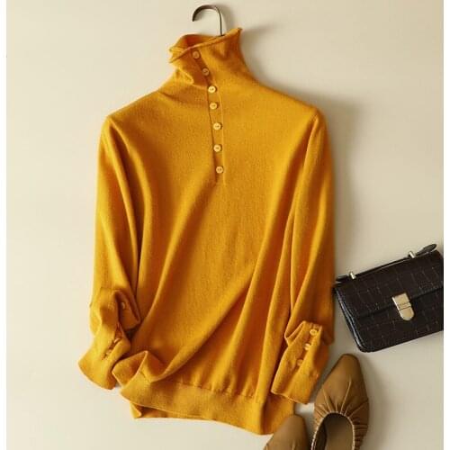 Turtleneck Knitted Button Women Sweater And Pullovers Solid Long-Sleeved Office Lady Elegant Pulls Outwear Coats Tops