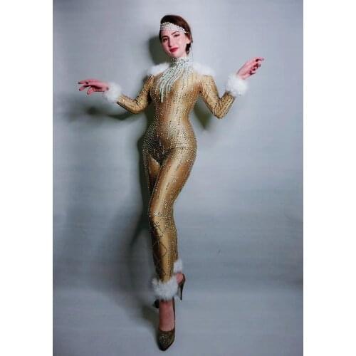Women Jazz Dance Feather Bodysuit Outfit Long Sleeves Rhinestones Gold Stretch Jumpsuit Evening Show One-piece Birthday Wear