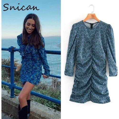 Snican fashion blue floral print bodycon sexy dress za 2020 women robe femme vintage ruched ruffle dresses autumn spring vestios