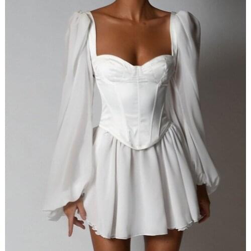 Summer White Chiffon Fairy Folding Dress Low-cut Tail-cut Tail Puff Sleeve Design Cool Drapes fabric For Women Vacation Parts