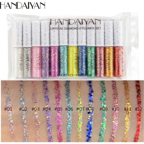 12pcs/set HANDAIYAN Liquid Glitter Eyeshadow Pencil Eyes Makeup Glitter Shimmer Eye Shadow Waterproof Long Lasting Eyeliner