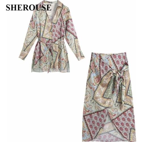 2021 Two Pieces Set Women Printed V-Neck Shirts and Midi Skirts Suit Fashion Casual Chic Lady Woman Outfit Dress Sets Summer