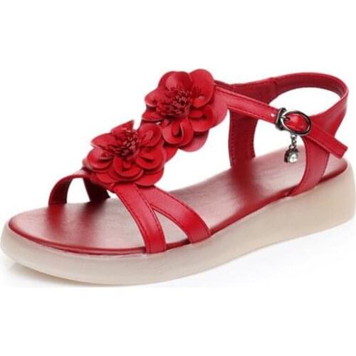 2021 New Summer Flat Sandals Non-slip Wear Soft Large Size Sandals Fashion Flowers Genuine Leather Sandals Women Sandal Shoes