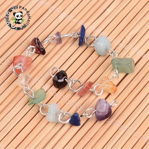 5strands/lot Chakra Handmade Gemstone Chip Beaded Brass Chains for Necklaces or Bracelets Making, Silver, 39.37", 1m/strand