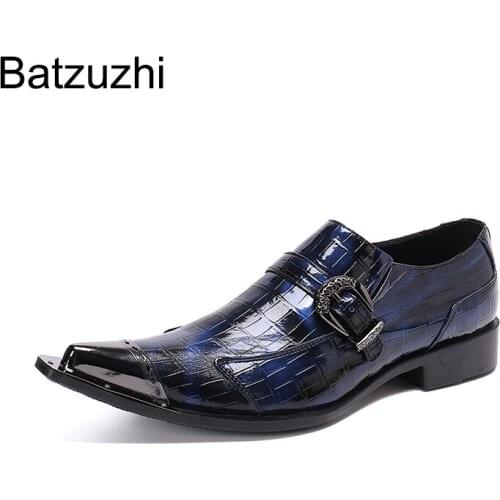 Batzuzhi Handsome Mens Shoes Luxury Handmade Leather Dress Shoes Men Pointed Metal Toe Blue Business and Party Zapatos Hombre