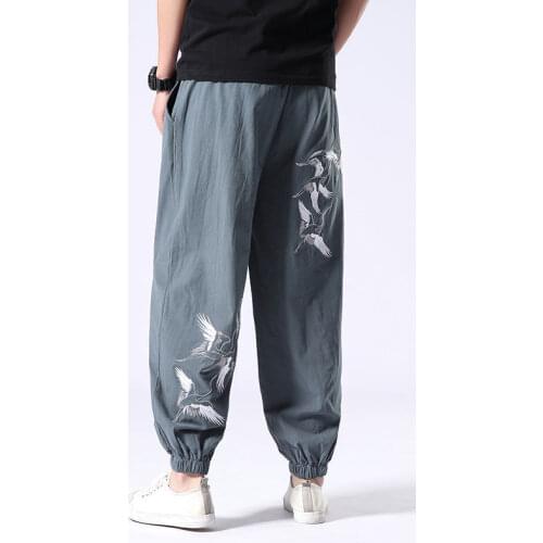 Linen Ankle-Length Pants Mens Retro Crane Embroidered Harem Pants Loose Large Size Mens Fashion japanese streetwear pants