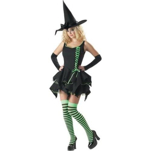 Free shipping Halloween Witch Wizard black Dress with stripe stocking and Hat Cap hot 2018 sexy women Fancy wizard costume