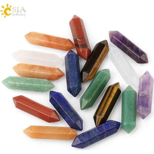 CSJA 40x10mm 7 Chakra Natural Stone Hexagon Pillar Jewelry Accessories Pointed Yoga Healing Crystal for DIY Making Findings G238
