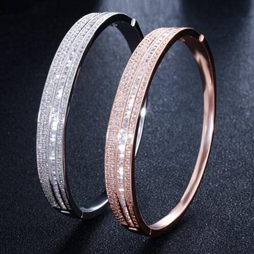 CWWZircons Fashion Famous Brand Sparkling Cubic Zirconia Rose Gold Color Open Cuff Bracelet Bangles for Women Jewelry Gift BG011