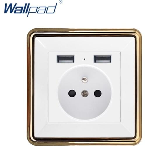 Wallpad 2 USB EU French Socket Wall Electrical Power Socket Outlet Gold Panel DC 5V 2.4A
