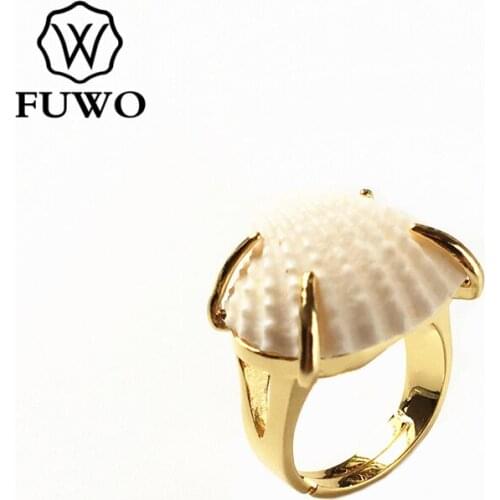 FUWO Natural White Scallop Shell Ring With Gold Brass Filled Minimalist Design Seashell Ring For Women Adjustable Size RG502
