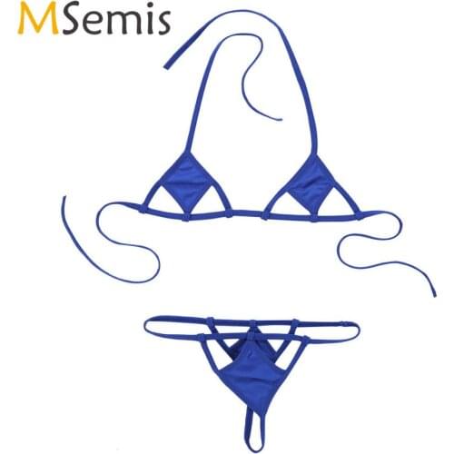 2Pcs Womens Lingerie Minimal Cover Mini Micro Bikini Set Halter Neck Self-tie Bra Top with G-String Briefs Underwear