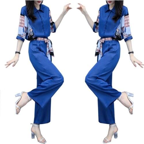 Womens Pants Suit 2021 New Ladies Summer Two-piece Suit Lady Large size Fashion Printing 2-Piece Set Shirt+Wide leg Pants Set C