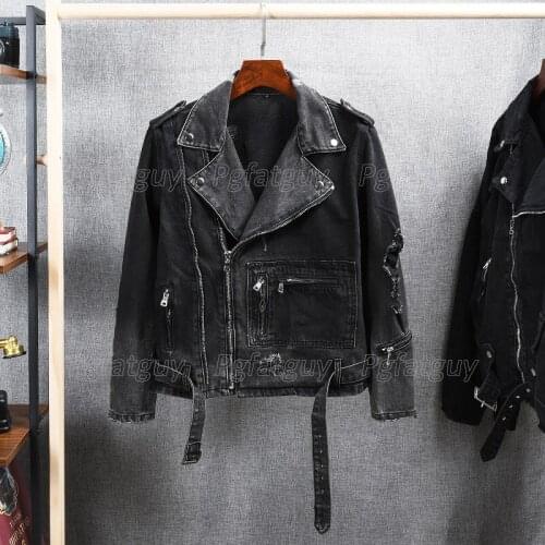 New Mens Vintage Holes Ripped Black Jean Biker Jacket For Motorcycle Streetwear Zippers Turn Down Collar Distressed Denim Coat