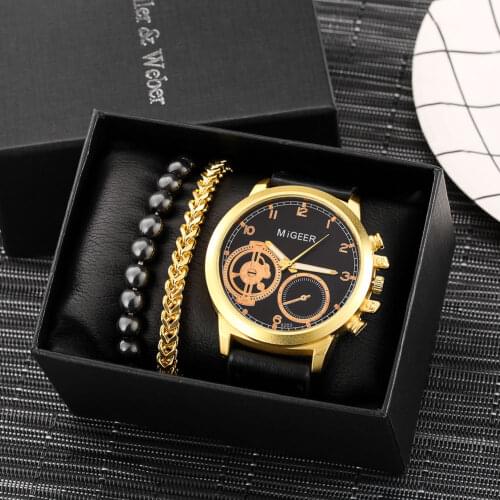 High End Golden Watch Bracelet Set Men Luxury Leather Watches Quartz Digital Dial Male Elasticity Bangles Gifts Set for Husband