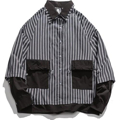 New Arriavl High Street Simulation II Striped Patchwork Mens Turn-Down Collar Shirts Casual Individuality Full Sleeves Tops