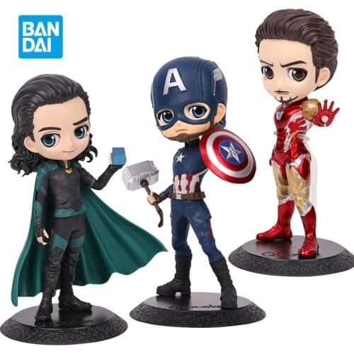 15cm BANDAI Original Qposket Marvel The Avengers Iron Man Captain America Black Widow Thor Loki PVC Action Figure Collection Mod