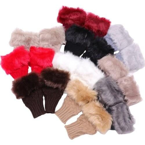 Women Winter Fluffy Plush Patchwork Half Finger Gloves Crochet Knitted Solid Color Short Fingerless Mittens Wrist Warmer