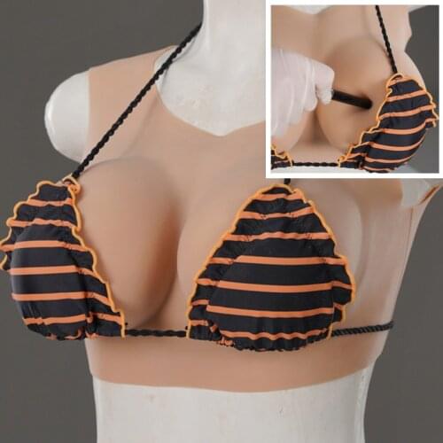 Liifun Realistic Shemale Fake Boobs False Big Breast Forms Vest Crossdresser Sticky Soft BCDE Cup Plus Size Low Round Collar Tit